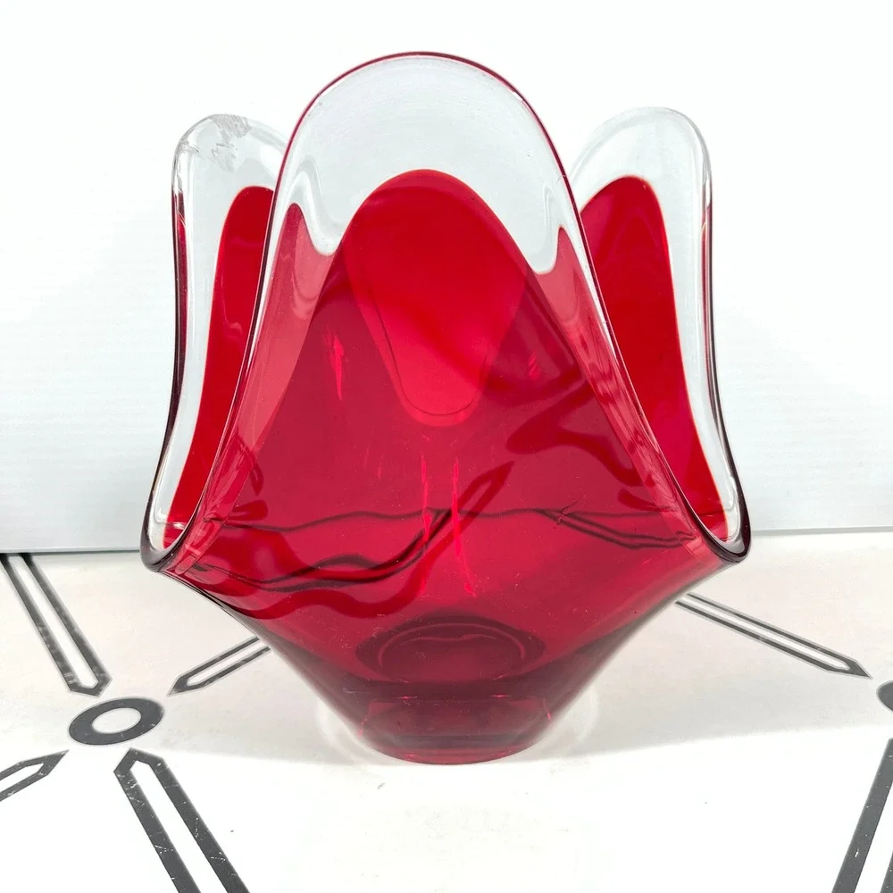 VTG‎ Murano Style Ruby Red Handkerchief Art Glass Vase Mid-Century Modern 7.25